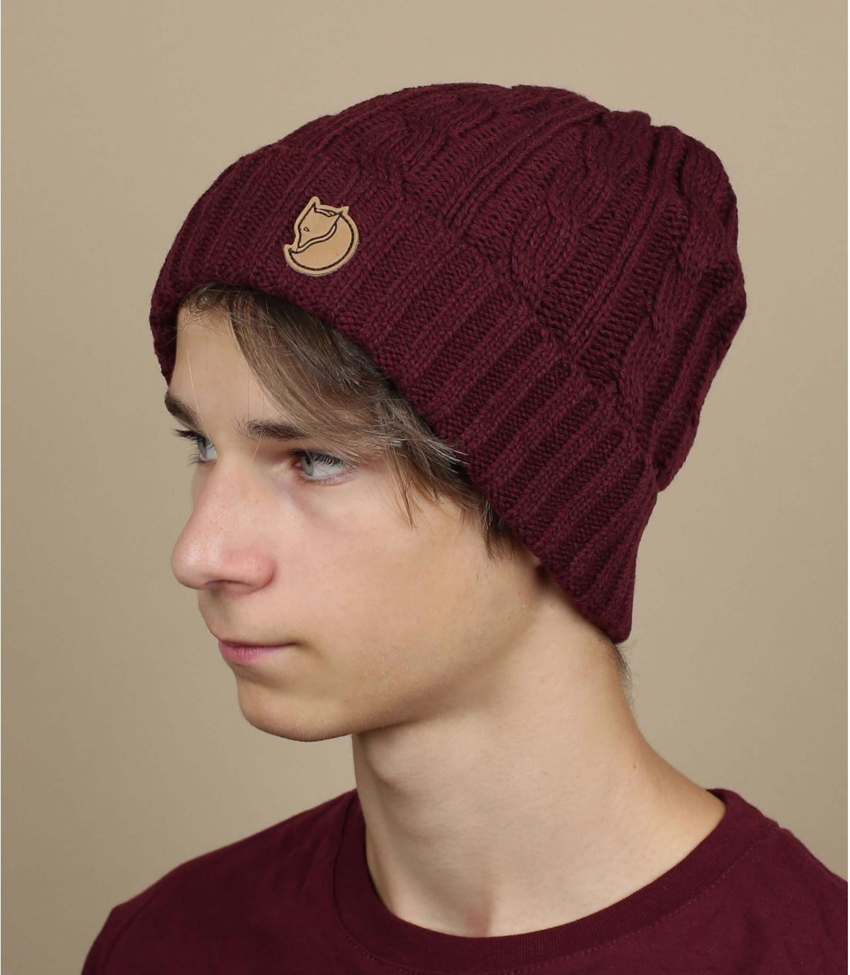 bonnet revers rouge Fjällräven Braided Knit dark garnet